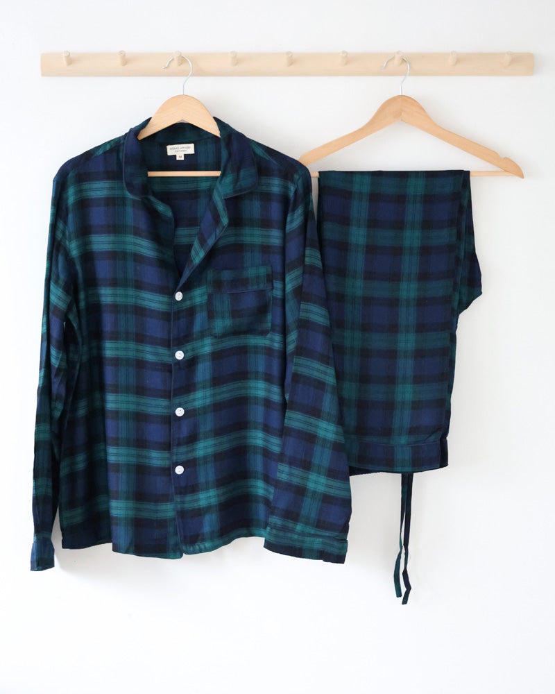 Herren Pyjama blau kariert Flanell