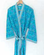 Bild in den Galerie-Viewer laden, Damen Morgenmantel Kimono blau gemustert
