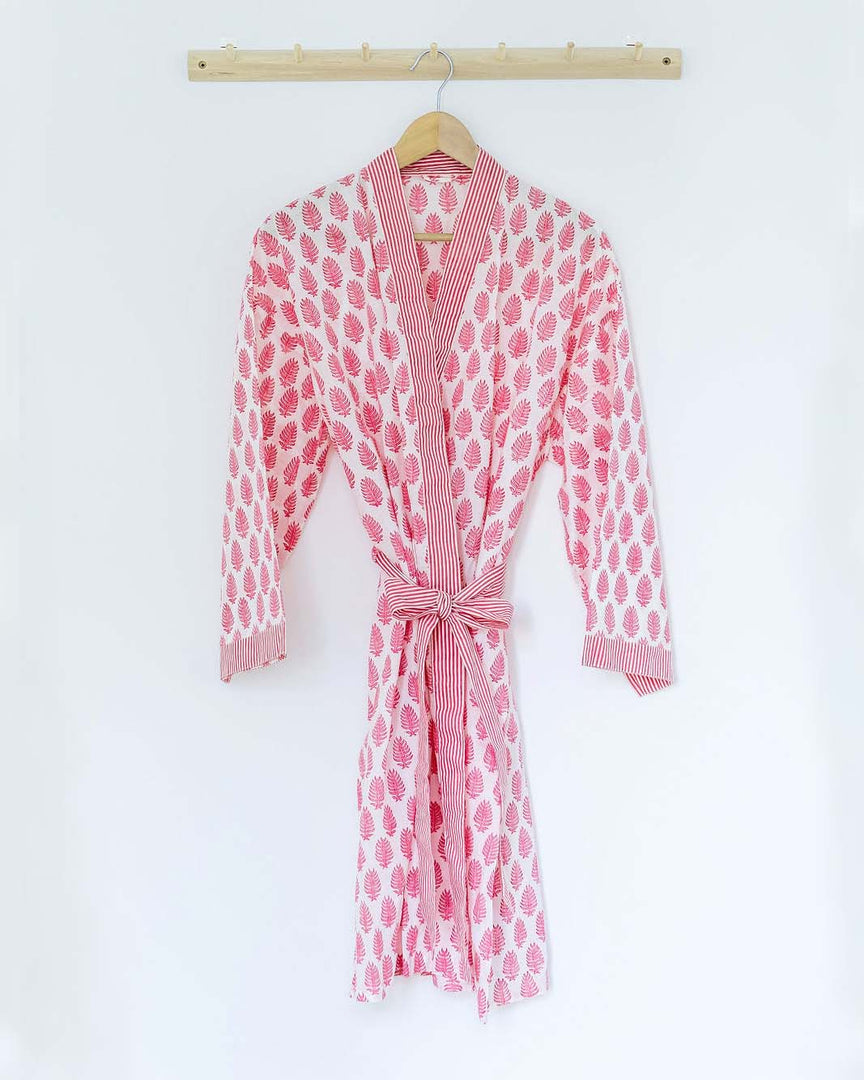 Damen Morgenmantel Kimono rosa leafs