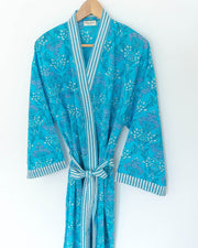 Damen Morgenmantel Kimono blau gemustert - Klüngelkram Indian Affairs