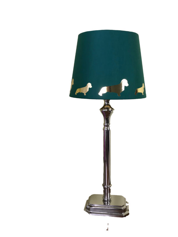 personalisierter Lampenschirm dunkelgrün mit Motiven Dackel gold